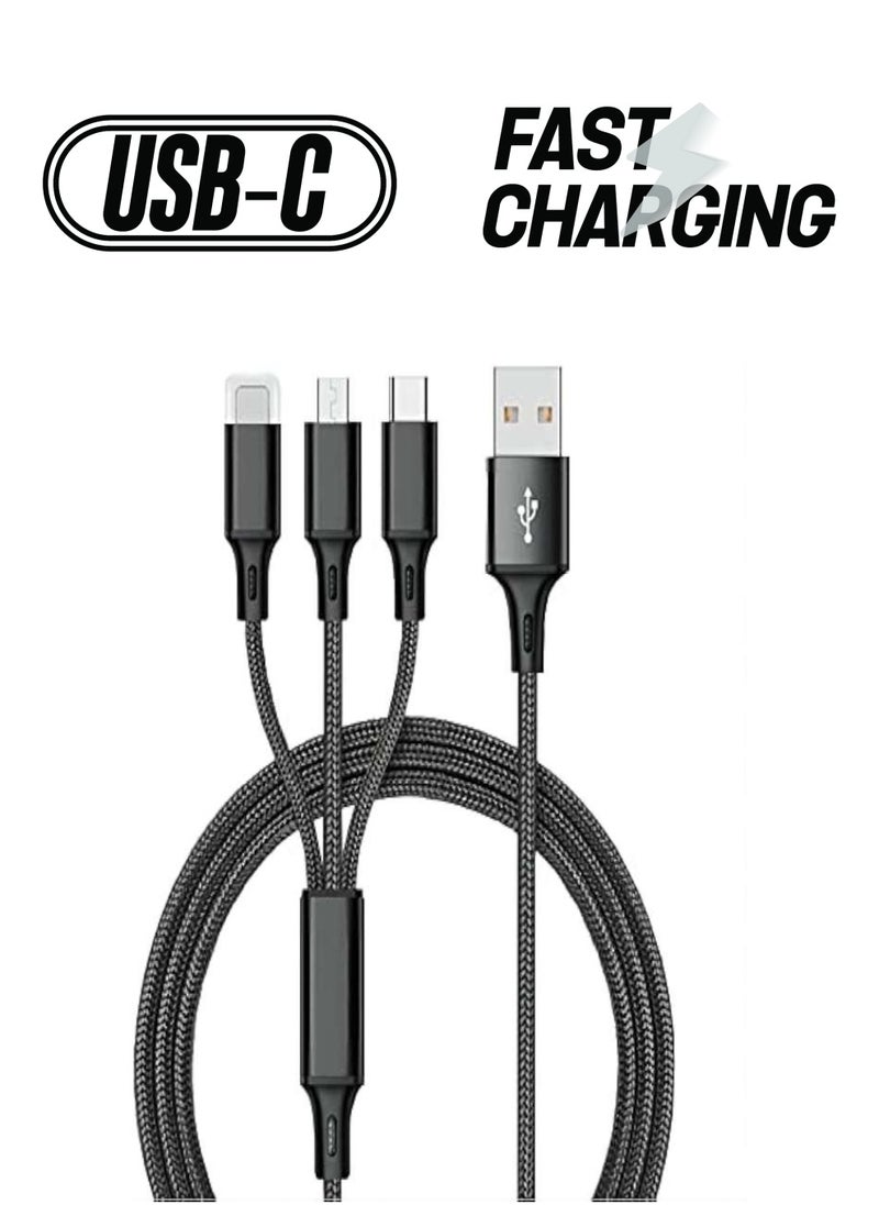 Aspor - 3 in 1 Multi Charging Cable, Nylon Braided USB to Lightning & USB-C Multi Charger Cord for Multiple Devices Apple & Android Fast Charger Cable for iPhone 14/13/12/11/8/iPad Pro, Samsung Series ，1.2M ，Black - Image 1