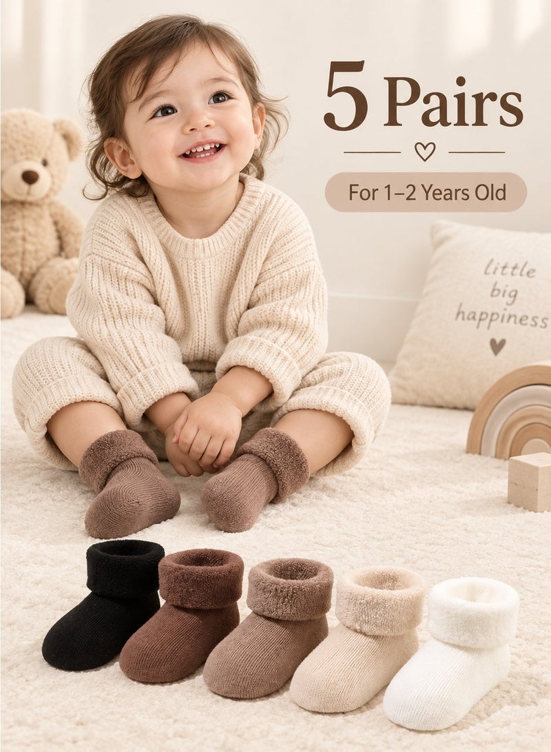 Baby Socks 5 Pairs Winter Thick Warm Terry-Lined Socks with Fold-Over Cuffs, Soft Solid Color Bootie Socks for Boys and Girls, Age 1-2 Years - Image 1
