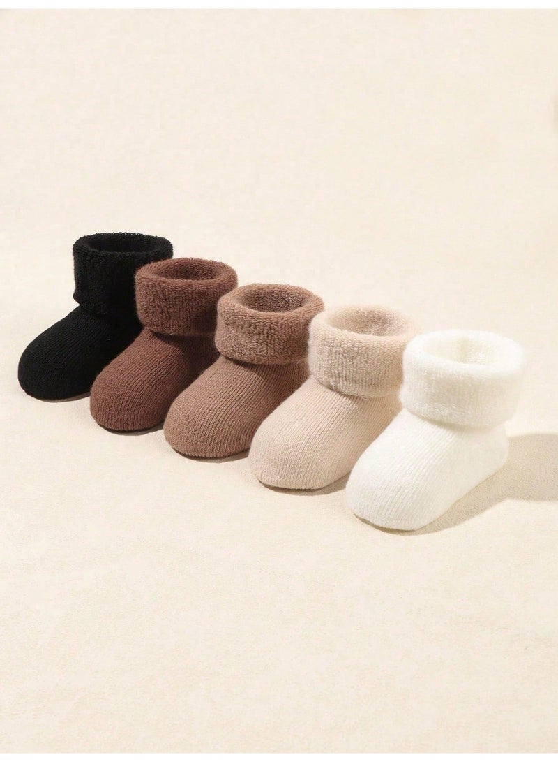 Baby Socks 5 Pairs Winter Thick Warm Terry-Lined Socks with Fold-Over Cuffs, Soft Solid Color Bootie Socks for Boys and Girls, Age 1-2 Years - Image 2