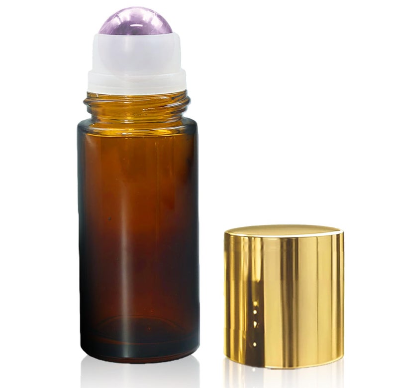 Warmify Rose Quartz & Amethyst Roller Bottles for Essential Oils, 50ml Refillable Amber Glass Roll On Bottles with Natural Crystal Roller Balls, Leak-Proof Travel Perfume Bottle with Gold Caps - Image 1