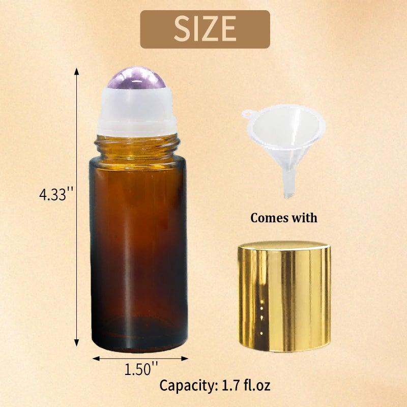 Warmify Rose Quartz & Amethyst Roller Bottles for Essential Oils, 50ml Refillable Amber Glass Roll On Bottles with Natural Crystal Roller Balls, Leak-Proof Travel Perfume Bottle with Gold Caps - Image 5