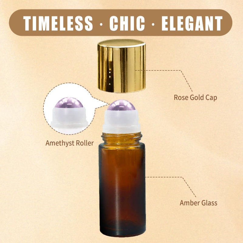 Warmify Rose Quartz & Amethyst Roller Bottles for Essential Oils, 50ml Refillable Amber Glass Roll On Bottles with Natural Crystal Roller Balls, Leak-Proof Travel Perfume Bottle with Gold Caps - Image 2