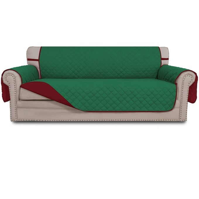 EASYGOING REVERSIBLE COUCH COVER FOR 3 CUSHION COUCH SOFA COVER FOR DOGS WATER RESISTANT FURNITURE PROTECTOR COVER WITH FOAM STICKS ELASTIC STRAPS FOR PET CAT SOFA GREENCHRISTMAS RED