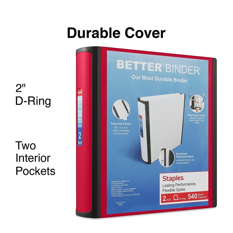 Staples Heavy-Duty 2-Inch D-Ring Binder, Red â€“ 3-Ring Binder with Pockets, Holds Up to 540 Sheets for School & Office - Image 2