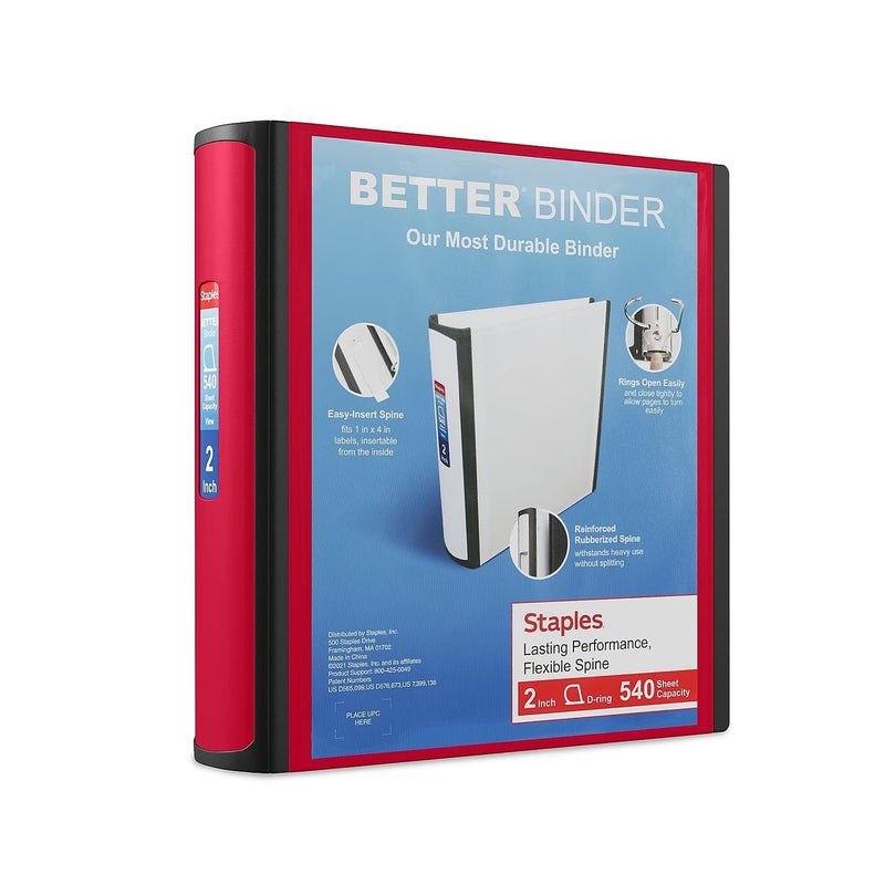 Staples Heavy-Duty 2-Inch D-Ring Binder, Red â€“ 3-Ring Binder with Pockets, Holds Up to 540 Sheets for School & Office - Image 1