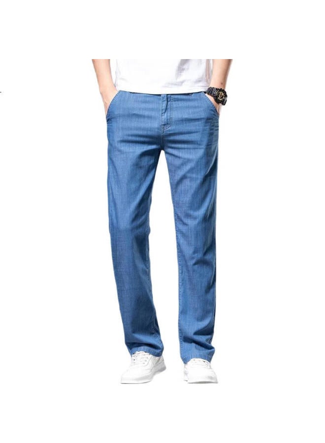 ROMON Men'S Summer Elastic Jeans Men'S Business Casual Pants All-Match Plus Size Men'S Pants Light Blue 28 - Image 3
