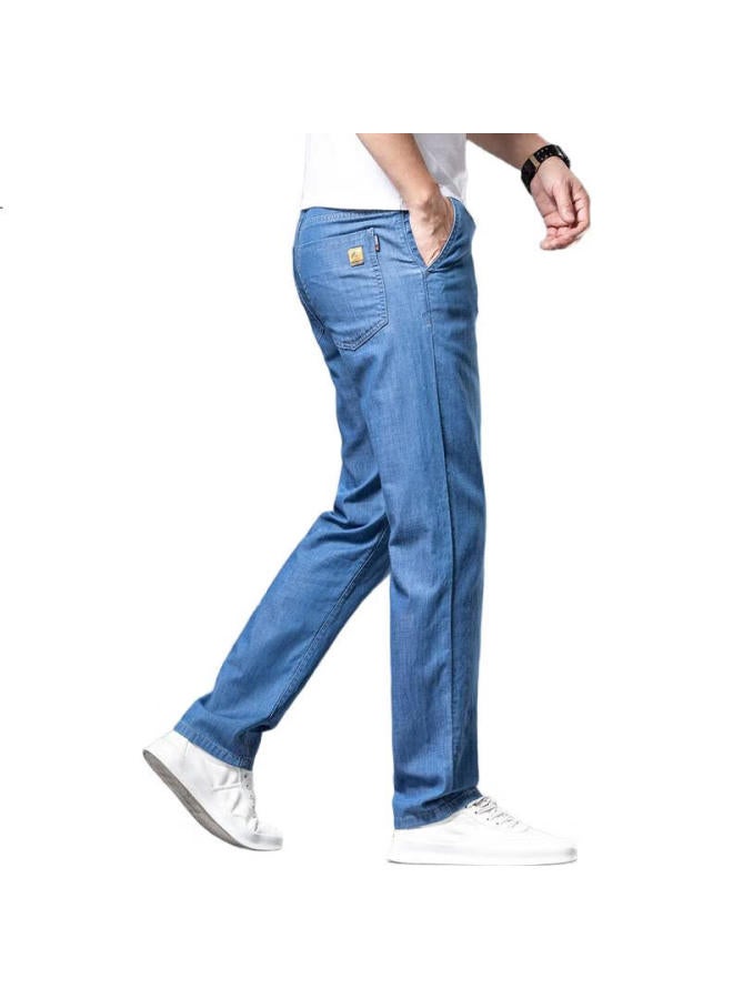 ROMON Men'S Summer Elastic Jeans Men'S Business Casual Pants All-Match Plus Size Men'S Pants Light Blue 28 - Image 2
