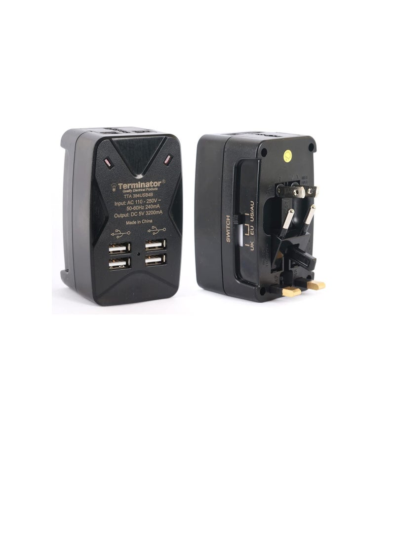 Terminator Travel Adaptor Multi Plugs with One Universal Socket and 4 USB Charging Sockets of 5V3.2A TTA394USB4B - Image 2