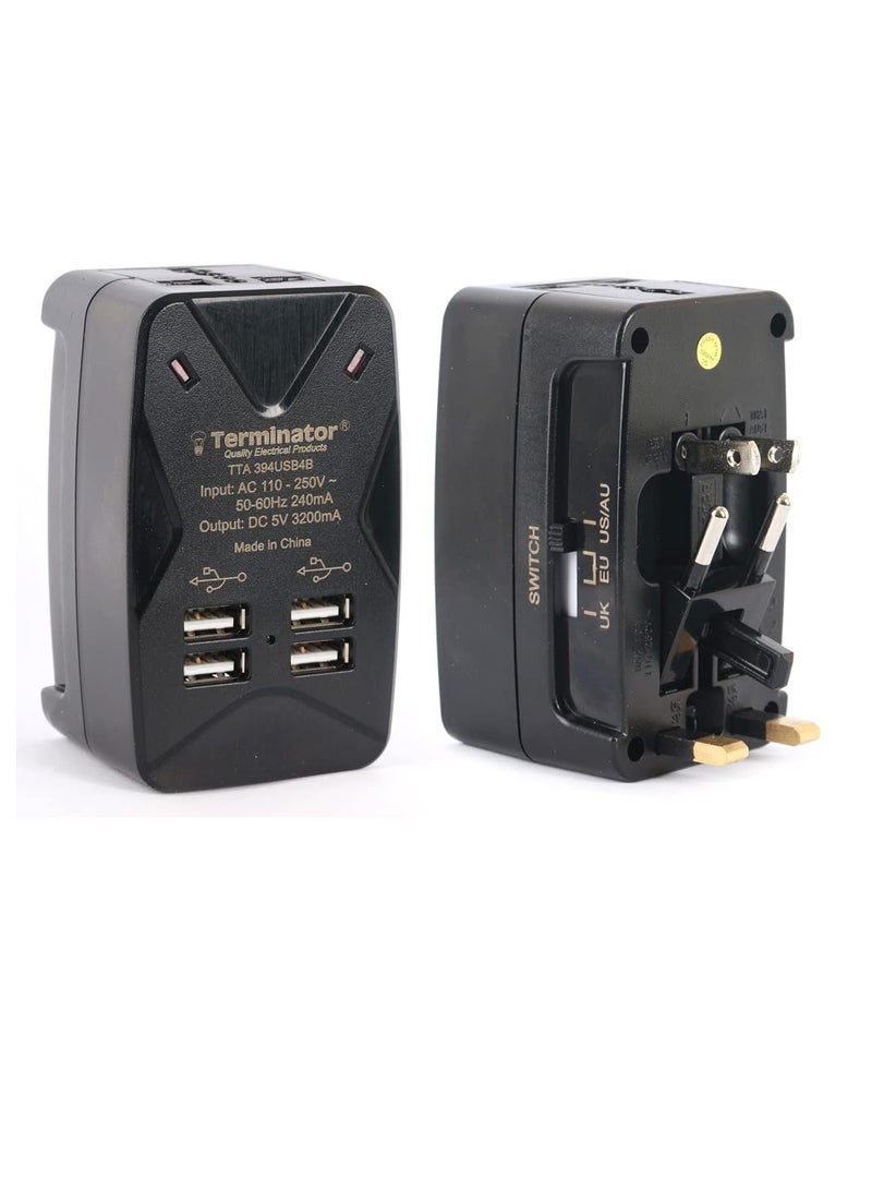 Terminator Travel Adaptor Multi Plugs with One Universal Socket and 4 USB Charging Sockets of 5V3.2A TTA394USB4B - Image 3