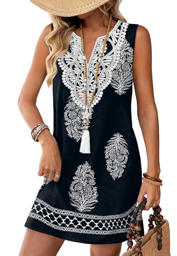 Sipaya Sundresses for Women V Neck Sleeveless Casual Summer Dresses Beach Vacation Clothes Lace Swimsuit Cover Ups Boho Floral Clothes Flowy Black Printed L - Image 1