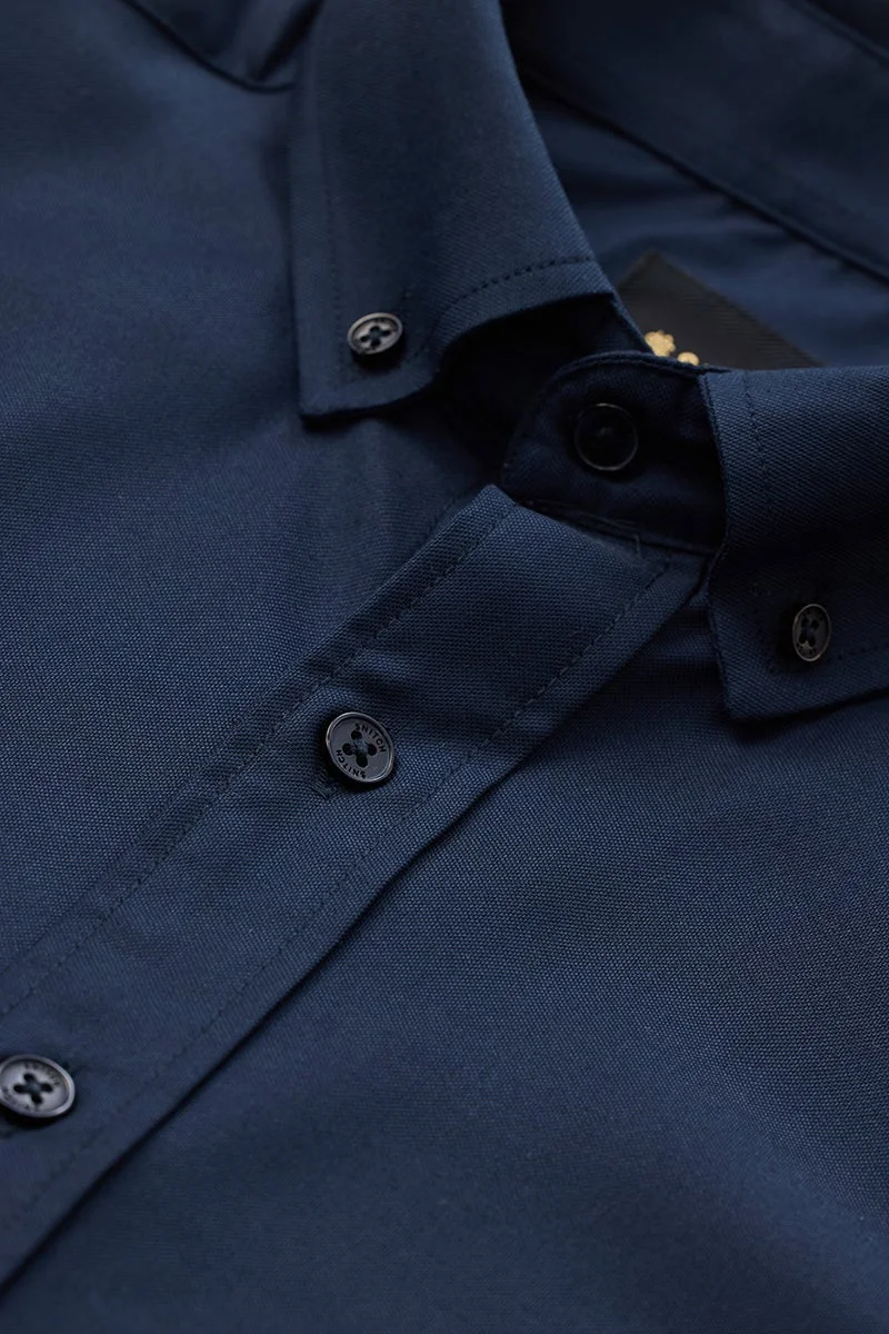 سنيتش Navy Blue Solid Long Sleeve Slim Fit Luxe Shirt