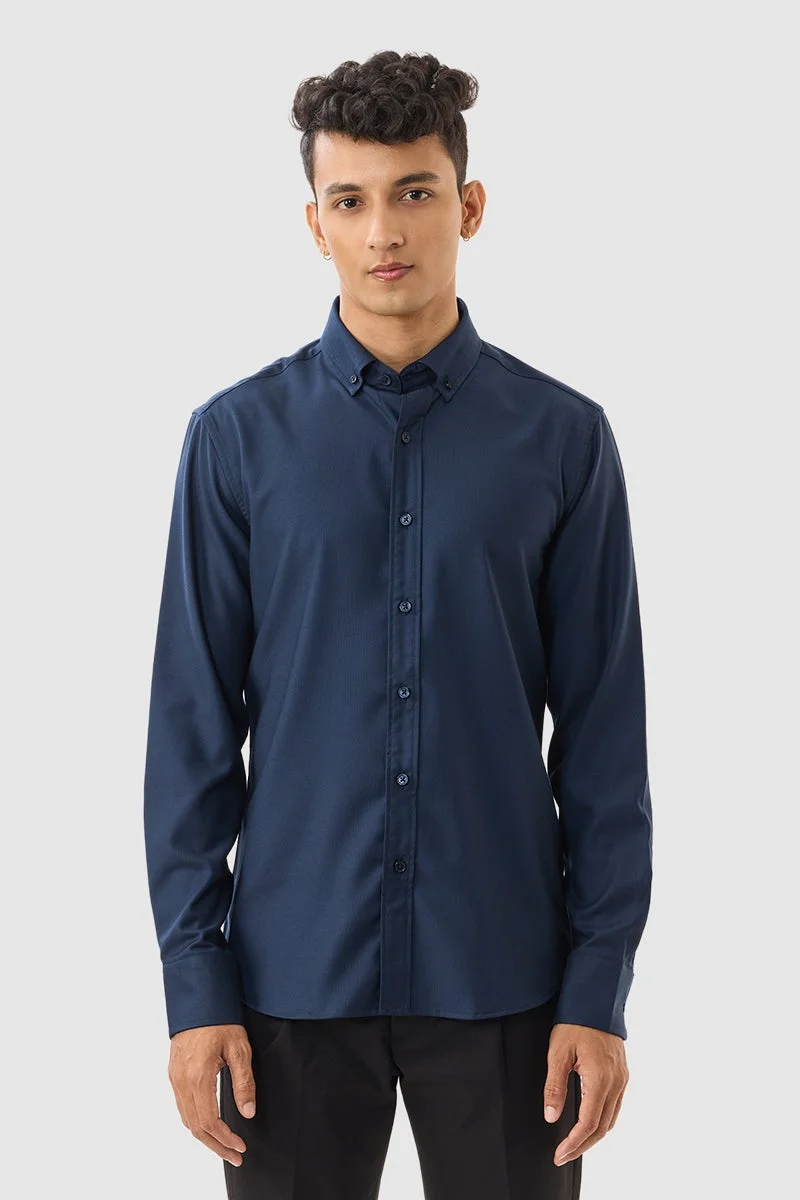 سنيتش Navy Blue Solid Long Sleeve Slim Fit Luxe Shirt