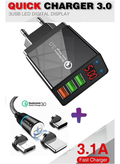 ⭐ Mobile Phone Charger Digital Display Travel Wall Charger Adapter  3.1A Support  Fast Charger Quick Charge 3.1  with LED Display  Qc Fast Charging with 2M Magnetic  cable For iPhone and Android  شاحن موبايل بتقنية الشحن السريع من كوالكوم مع 3 مخرج لشحن اكثر من هاتف وشاشة ديجيتال لعرض قوة الشحن مع كابل مغناطيسي شحن 2 متر و3 راس متغير لشحن كل الهواتف