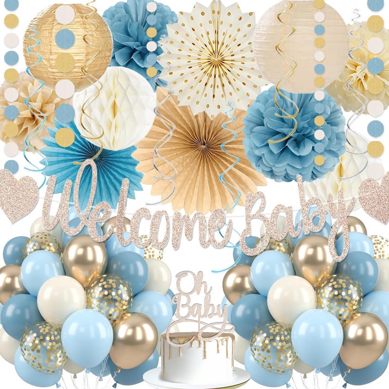 Vztipki Light-Dusty Blue Boho Baby Shower Decorations, 69pcs Beige Champagne Boy Neutral Welcome Baby Banner DÃ©cor With Sand White Ice Blue Balloons Paper Lanterns Pom Poms Fan Baby Shower Party Wall Backdrop - Image 1