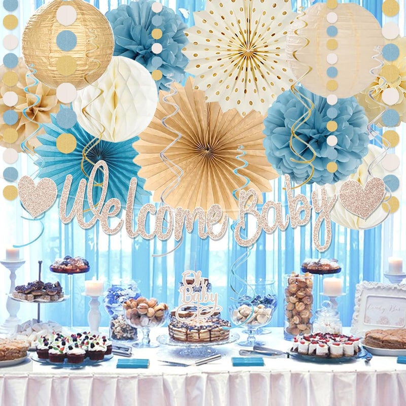 Vztipki Light-Dusty Blue Boho Baby Shower Decorations, 69pcs Beige Champagne Boy Neutral Welcome Baby Banner DÃ©cor With Sand White Ice Blue Balloons Paper Lanterns Pom Poms Fan Baby Shower Party Wall Backdrop - Image 3