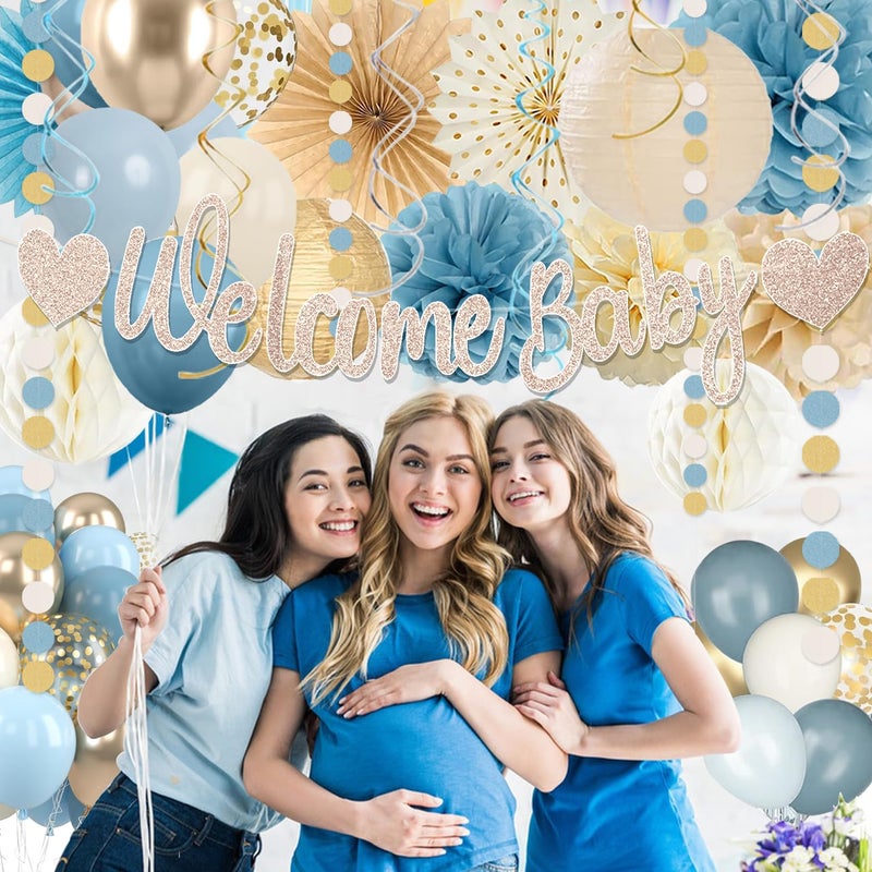 Vztipki Light-Dusty Blue Boho Baby Shower Decorations, 69pcs Beige Champagne Boy Neutral Welcome Baby Banner DÃ©cor With Sand White Ice Blue Balloons Paper Lanterns Pom Poms Fan Baby Shower Party Wall Backdrop - Image 5