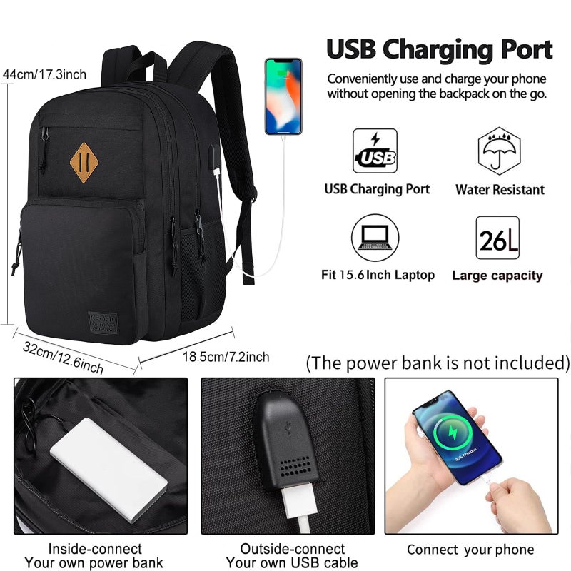 KEOFID classic carry-on travel backpack for men and women, Anti theft laptop backpack with USB charging port for work, large backpack for college, water resistent(BLACK) - Image 2