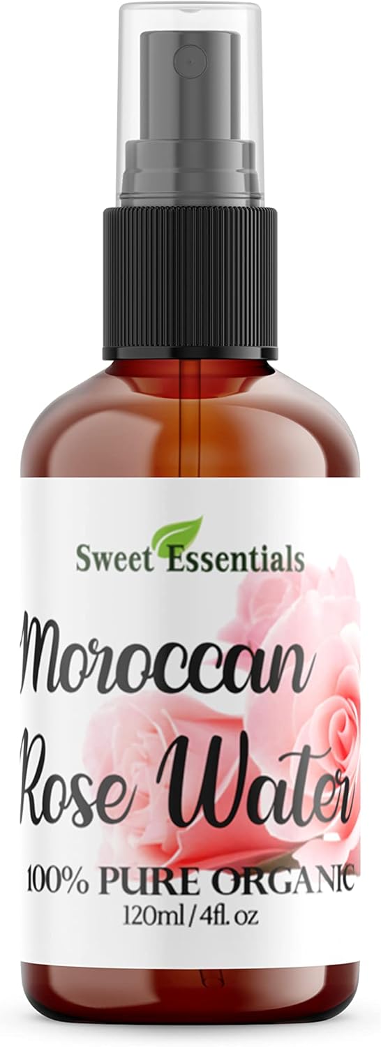 Sweet Essentials Premium Organic Moroccan Rose Water  4oz WSprayer  Imported From Morocco  100 Pure Food Grade No Oils or Alcohol  Rich in Vitamin A  C Perfect for Hydrating  Rejuvenating Your Face  Neck 