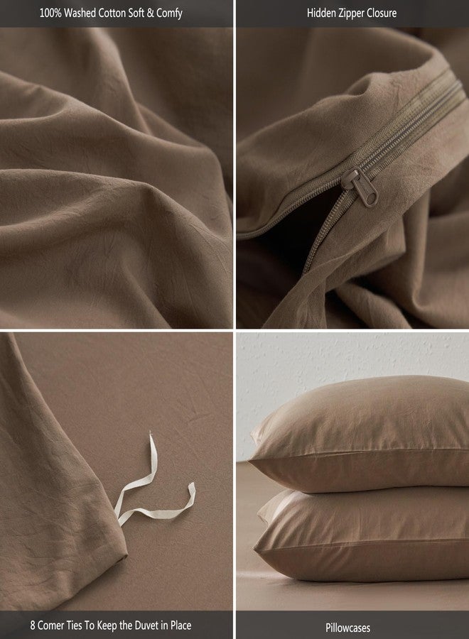 MooMee Queen Duvet Cover Set, 100% Washed Cotton Linen Like Twill Thick Sturdy Material Super Soft Breathable Durable Bedding for All Season, 3 Pieces (Bombay Brown, Queen 90"x90") - Image 3