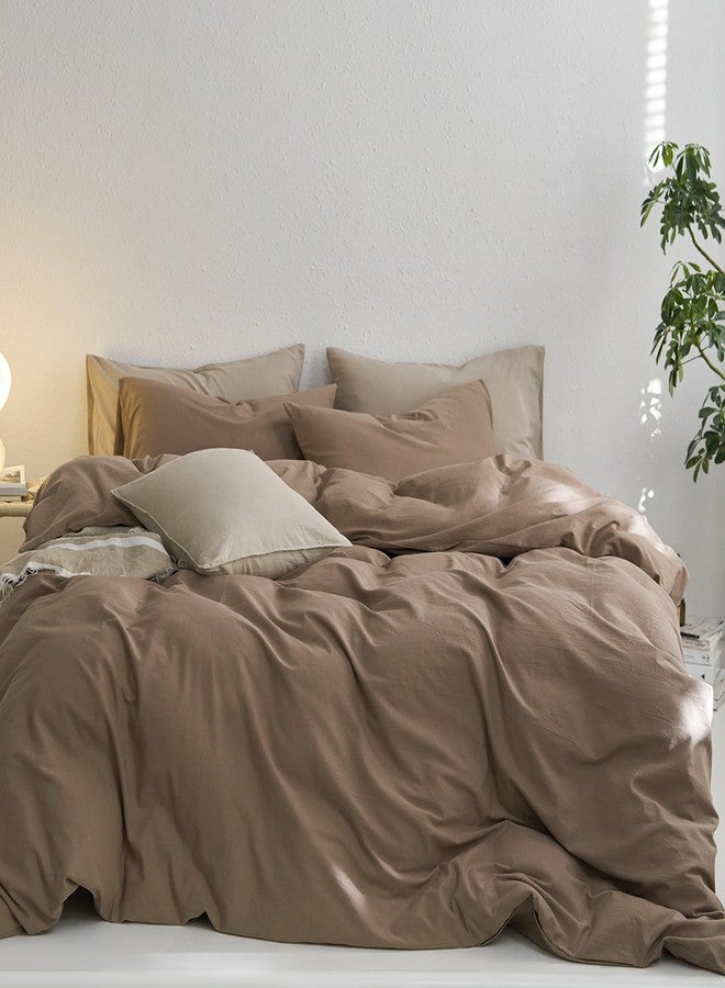 MooMee Queen Duvet Cover Set, 100% Washed Cotton Linen Like Twill Thick Sturdy Material Super Soft Breathable Durable Bedding for All Season, 3 Pieces (Bombay Brown, Queen 90"x90") - Image 1