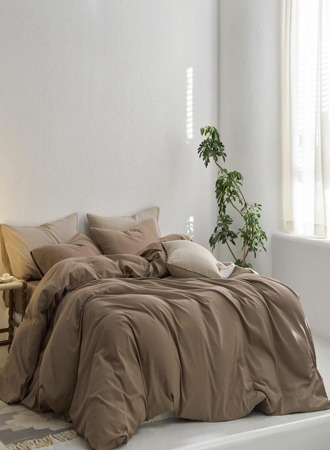 MooMee Queen Duvet Cover Set, 100% Washed Cotton Linen Like Twill Thick Sturdy Material Super Soft Breathable Durable Bedding for All Season, 3 Pieces (Bombay Brown, Queen 90"x90") - Image 4