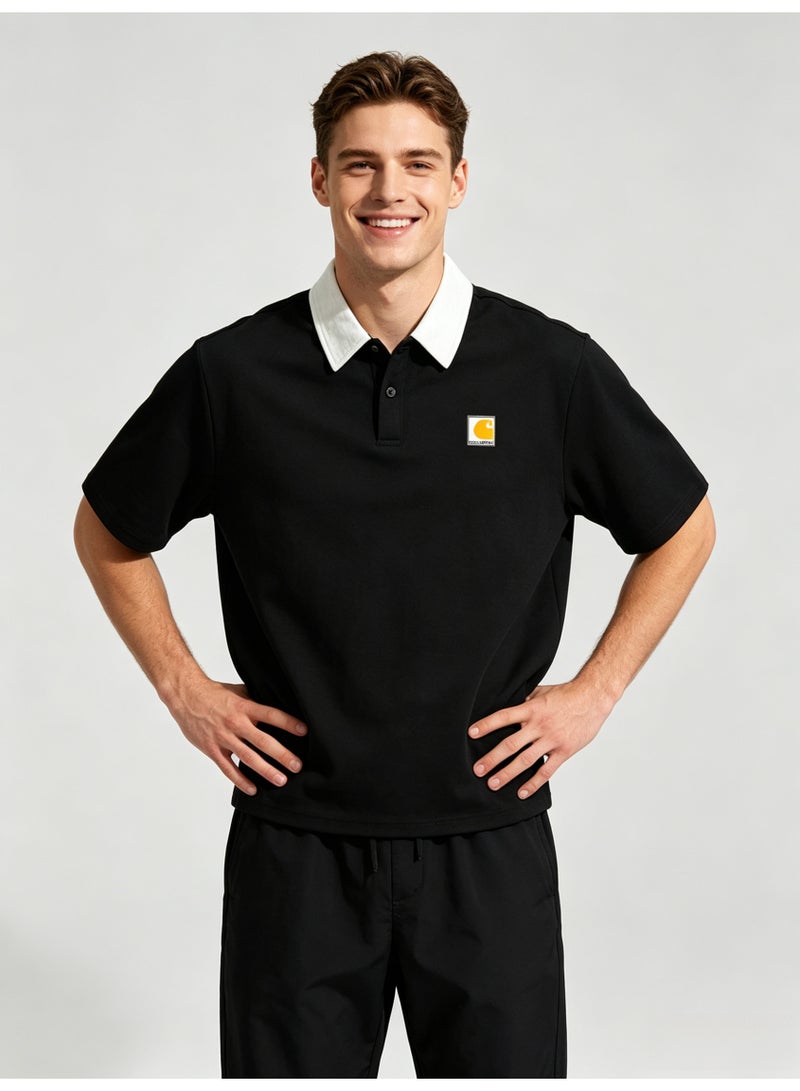 Carhartt Men's Short‑Sleeve Polo Shirt, Contrast White Collar Square Logo Patch Casual Breathable Pique Cotton Polo Top - Image 2