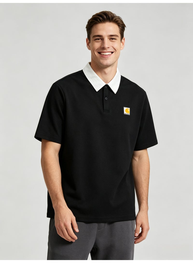 Carhartt Men's Short‑Sleeve Polo Shirt, Contrast White Collar Square Logo Patch Casual Breathable Pique Cotton Polo Top - Image 3