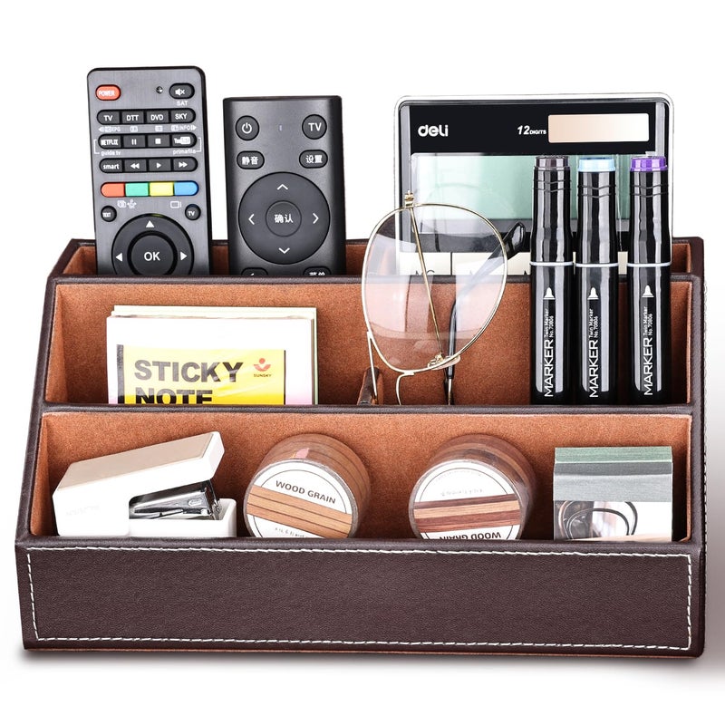 KINGFOM Pu Leather Desk Organizer with 5 Compartments Holder, Multi-Functional Office Supplies Storage Caddy for Pen/Pencil, Phones, Remote Controller and Desktop Accessorie Brown - Image 2