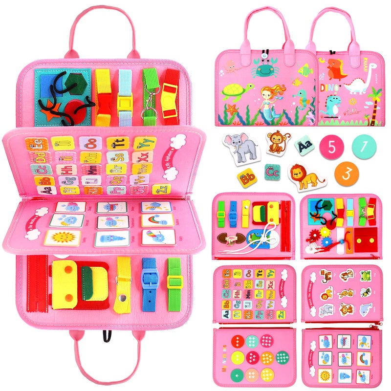Qizfun Busy Board Montessori Toy for 1 2 3 4 Years Old, Educational Activity Sensory Board Preschool Learning Fine Motor Skills Toys, Toddler Travel Toy for Plane Car, Gift for Boys Girls (Pink/P4) - Image 1