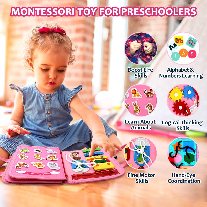 Qizfun Busy Board Montessori Toy for 1 2 3 4 Years Old, Educational Activity Sensory Board Preschool Learning Fine Motor Skills Toys, Toddler Travel Toy for Plane Car, Gift for Boys Girls (Pink/P4) - Image 2