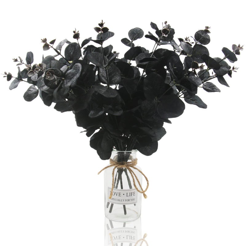 Hananona Hananona 6 Pcs Artificial Black Eucalyptus Stems 14 Eucalyptus Leaves Branches Bouquet for Flower Arrangement DIY Black Silk Flowers for Home Halloween Farmhouse Decor Black 6 