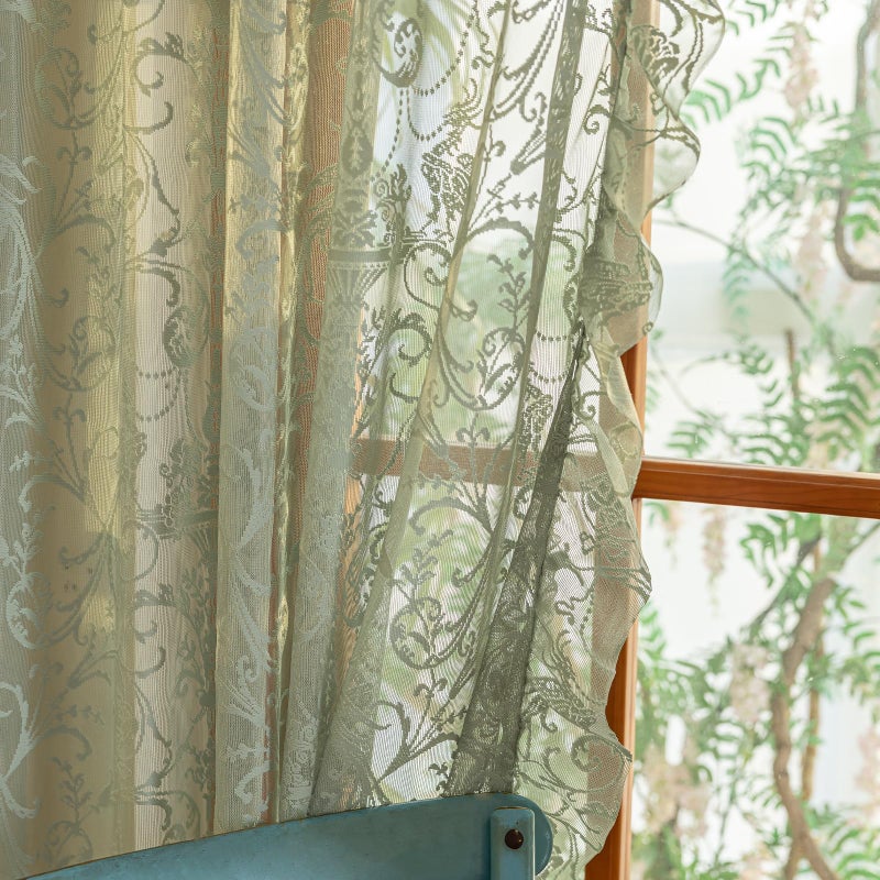 TUDECO Green Sheer Curtains 2 Panels - Spring Boho Floral Sage Green Curtains 84 Inches Long for Living Room, Vintage Flowy Ruffle Privacy Lace Sheer Window Treatment, 59 x 84 Inch, Light Green - Image 3
