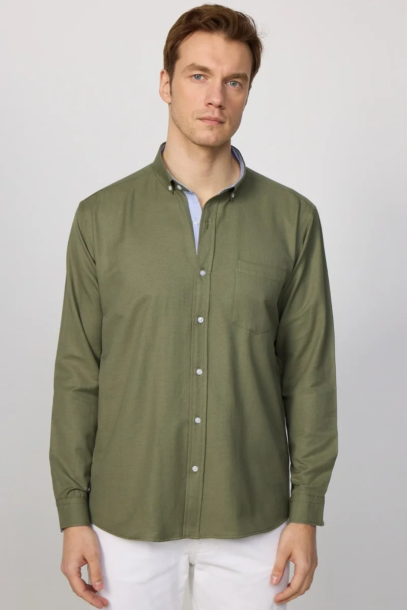Tudors Classic Fit Button Collar Cotton Easy Iron Oxford Plain Khaki Men's Shirt