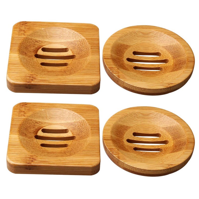 SUMAJU 4 Pcs Wooden Soap Holders Bathroom Soap Dish Natural Bamboo Soap Holder Square  Round Soap Dishes for Home Bathroom