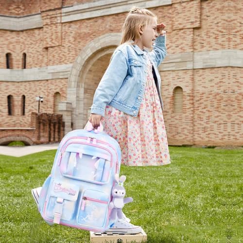 WOOMZY Girls School Backpack Girls School Backpacks Stylish SchoolBags Dreamy Purple Cartoon Print Schoolgirls Backpack Large Burden Relief Oxford Cloth Gift Children's Day Gift (Blue-) - Image 4