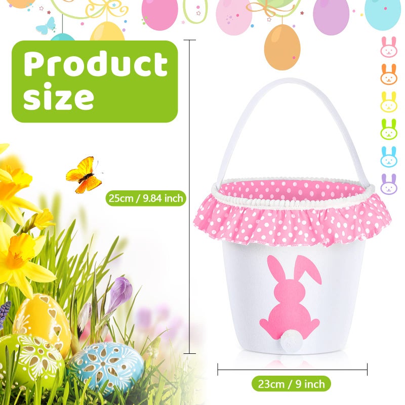 Photect 6 Pcs Easter Baskets with Handles Easter Bunny Baskets Bags 6 Color Bunny Canvas Tote Bags for Egg Hunting Party Decor Supplies - Image 2