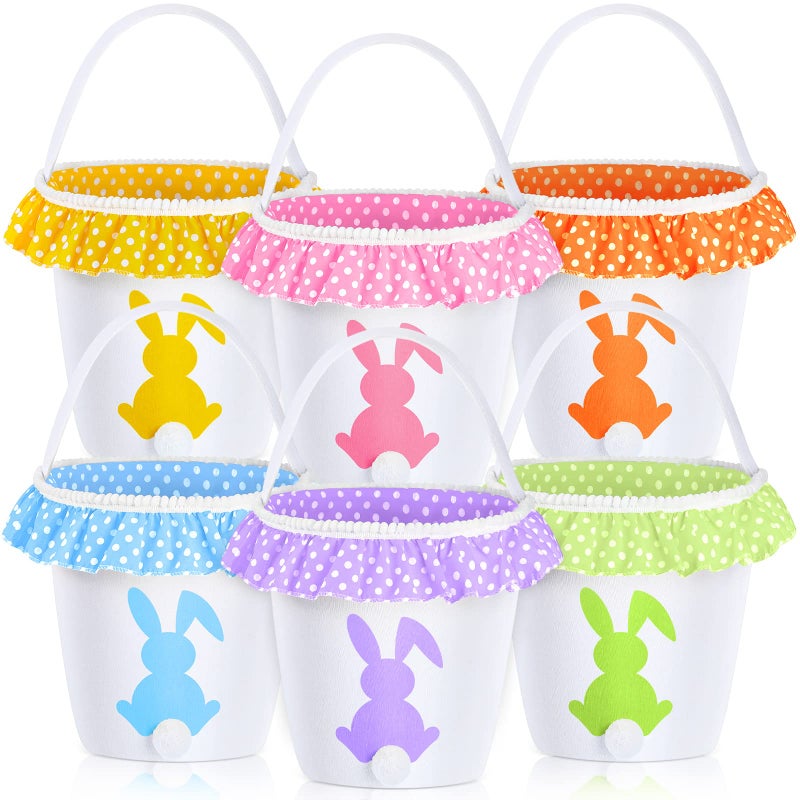 Photect 6 Pcs Easter Baskets with Handles Easter Bunny Baskets Bags 6 Color Bunny Canvas Tote Bags for Egg Hunting Party Decor Supplies - Image 1