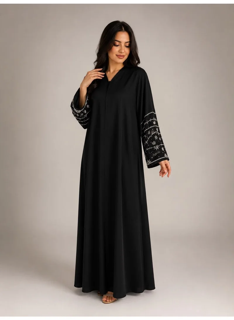 Ophelia Sabrina Black Abaya – Elegant Silver Hand-Embellished Stone Sleeves