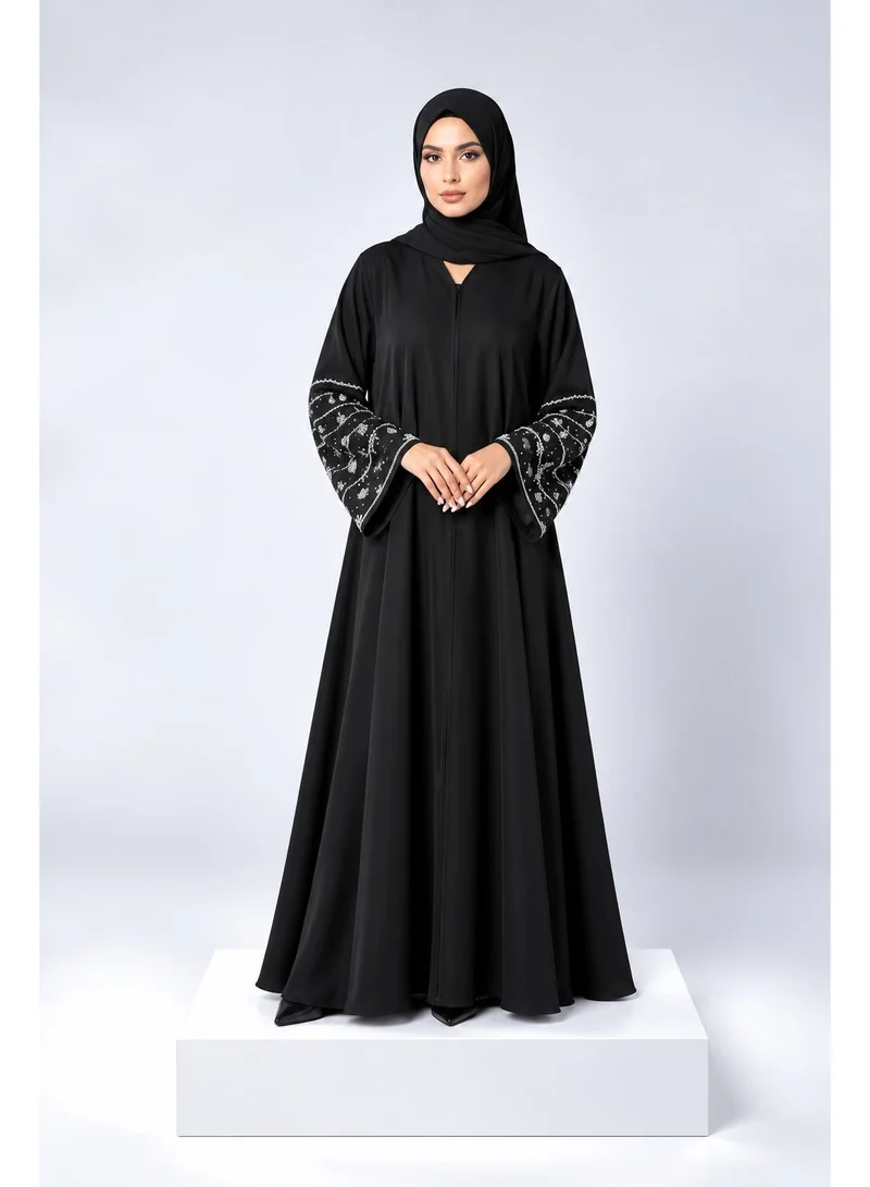 Ophelia Sabrina Black Abaya – Elegant Silver Hand-Embellished Stone Sleeves