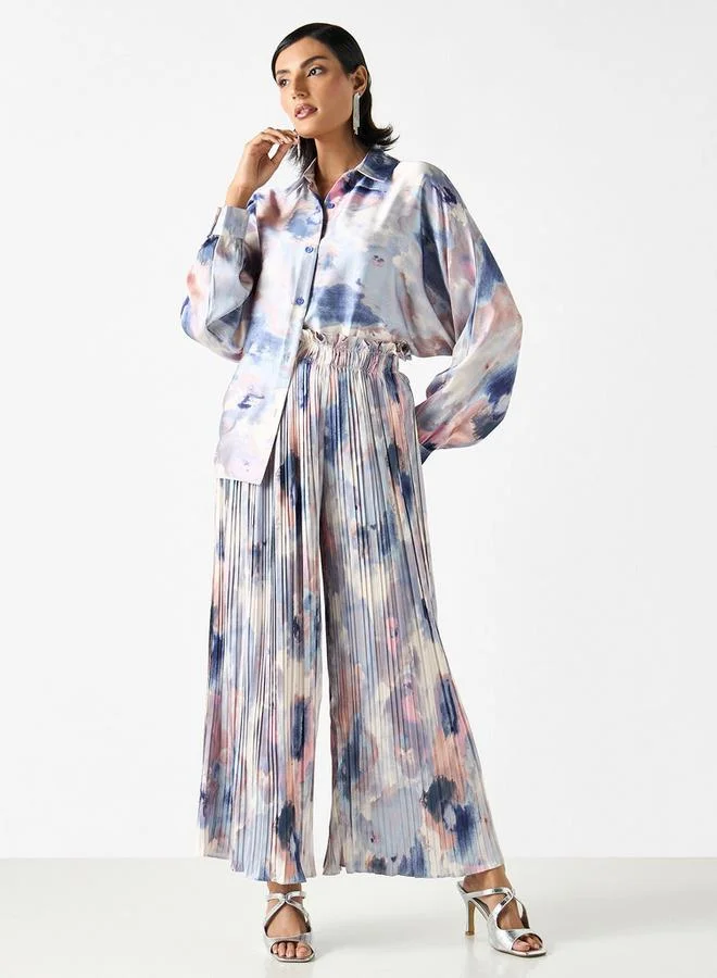 2Xtremz 2Xtremz Printed Pleated Palazzo Pants with Elasticated Paperbag Waist