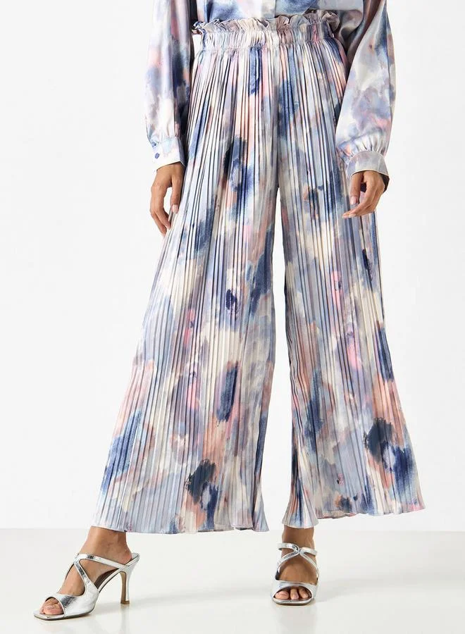 2Xtremz 2Xtremz Printed Pleated Palazzo Pants with Elasticated Paperbag Waist