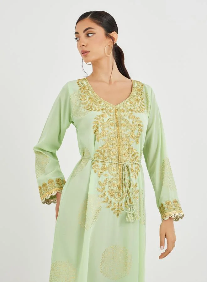 Styli Foil Print V Neck Jalabiya with Embroidery and Lace Detail