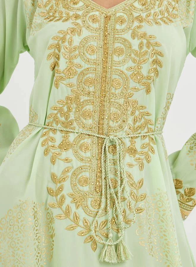 Styli Foil Print V Neck Jalabiya with Embroidery and Lace Detail