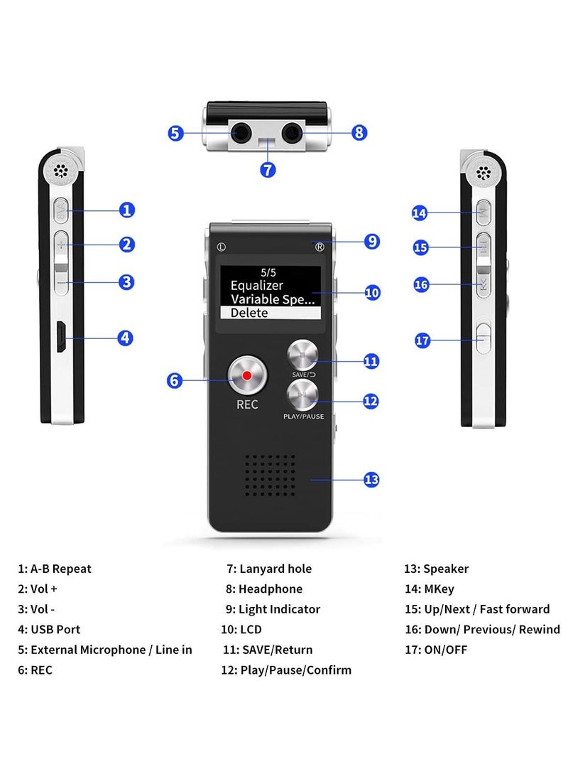 SYOSI - 16GB Digital Voice Recorder (Dictaphone), rechargeable USB and 30 Hours Recording, digital audio, and MP3 player, for use in meetings/interviews/lectures/class(black) - Image 1