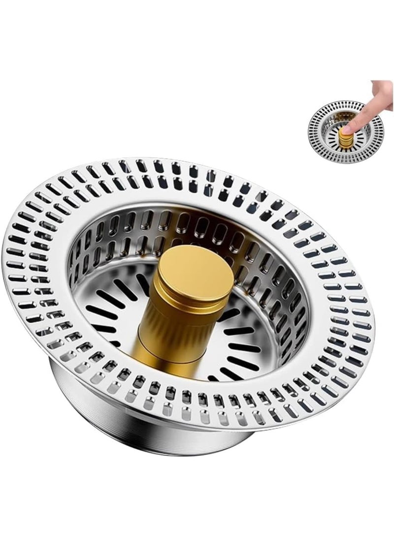 Kitchen Sink Drain Strainer, 3 in 1 Stainless Steel Anti-Clogging Sink Stopper with Food Catcher Basket, Brass Core, Fast Drainage Odor Filter, Silver - Image 1