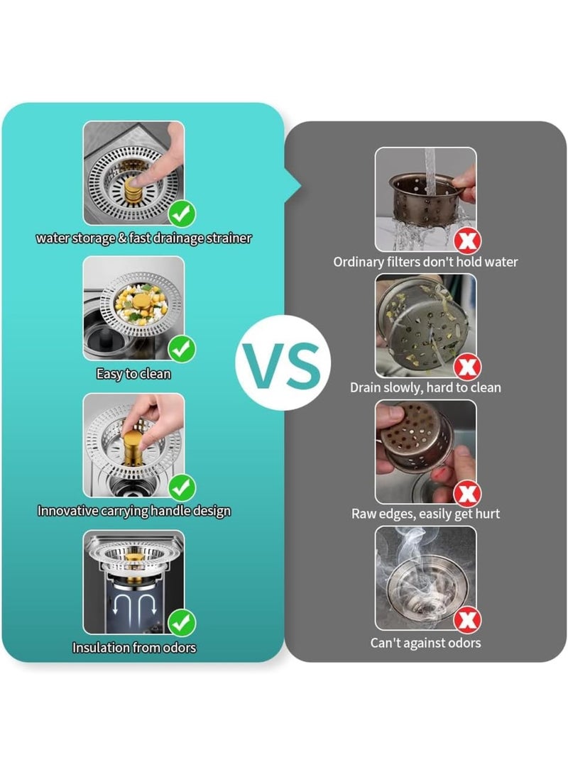 Kitchen Sink Drain Strainer, 3 in 1 Stainless Steel Anti-Clogging Sink Stopper with Food Catcher Basket, Brass Core, Fast Drainage Odor Filter, Silver - Image 4