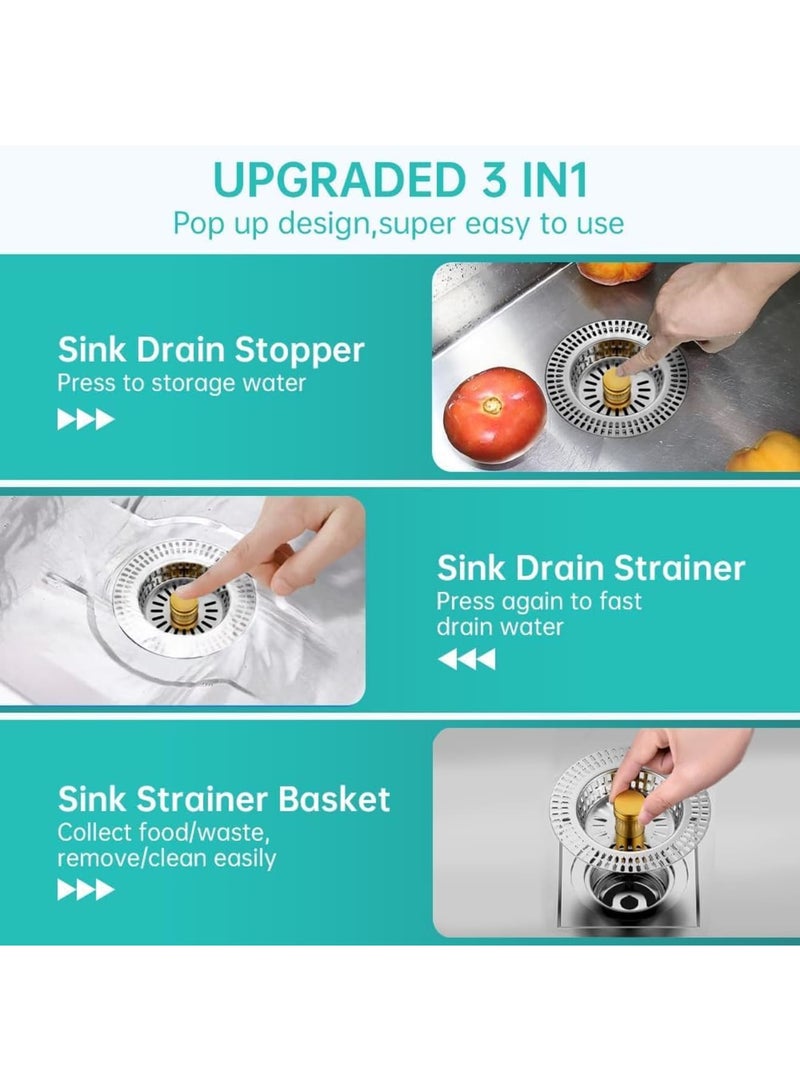 Kitchen Sink Drain Strainer, 3 in 1 Stainless Steel Anti-Clogging Sink Stopper with Food Catcher Basket, Brass Core, Fast Drainage Odor Filter, Silver - Image 3