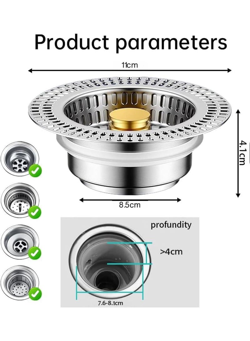 Kitchen Sink Drain Strainer, 3 in 1 Stainless Steel Anti-Clogging Sink Stopper with Food Catcher Basket, Brass Core, Fast Drainage Odor Filter, Silver - Image 2