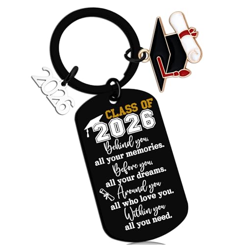 AOBIURV 2026 Graduation Gift For Him Her Senior Class Of 2026 Keychian Graduation Charms College Gifts For Girls Boys Teen Boy Girls Grad Gift Senior High School College Keyring Necklace - Image 1