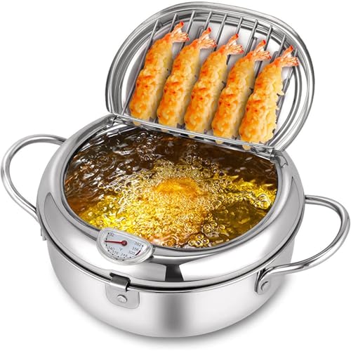 Delavala Deep Fryer Pot, Japanese Tempura Frying Pot 304 Stainless Steel Small Deep Fryer with Thermometer,Lid And Oil Drip Drainer Rack for French Fries Shrimp Chicken Wings and Shrimp (24cm/9.4inch) - Image 1
